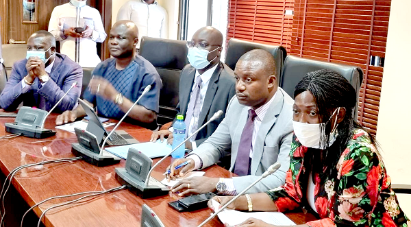 Mr John Jinapor (2nd from right) flanked by Mrs Dela Sowah, MP for Kpando, and Dr Caissel Ato Forson, MP for Ajumako- Enyan-Essiam, addressing the media. Also with them are Mr Emmanuel Armah Kofi Buah (left), MP for Ellembelle, and Mr Ahmed Ibrahim (2nd from left), MP for Banda