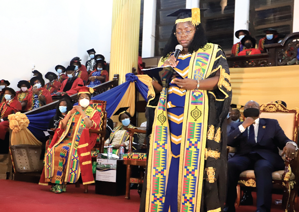 Mrs Mary Chinery-Hesse (extreme left), Chancellor, University of Ghana, swearing in Prof. Nana Aba Appiah Amfo (right), Vice-Chancellor of the university . Picture: SAMUEL TEI ADANO