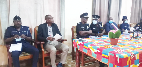 Seated from left is DCOP Dela Porte, the Regional MTTD Commander; C/supt. Nelson Asamani, the Regional Crime Officer and DCOP Edward Oduro-Kwarteng, the Regional Commander, chatting with ACP Andrews Boadu-Ekumah, the Deputy Commander