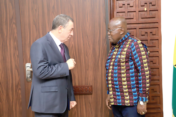 President Akufo-Addo (right) interacting with Mr Delileche Youssef, the outgoing Algerian Ambassador to Ghana, after the latter had bid him farewell. Pictures: SAMUEL TEI ADANO