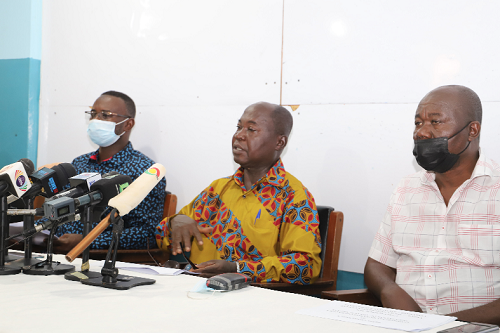 Mr John Agyei Duodu (middle), advisor and spokesperson of  the Ashanti Regional Quarries Operators Association, flanked by Mr Ebenezer Yaw Sarpong (right) and Nana Safo, both members of the association, at yesterday’s news conference in Accra