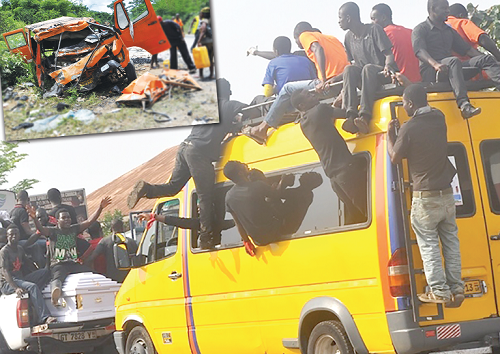   Such indiscipline on our roads lead to crashes and fatalities. Inset: A mangled vehicle.