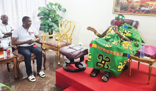 Mr Kobby Asmah (left), Editor, Daily Graphic, interviewing Daasebre Oti Boateng at his palace