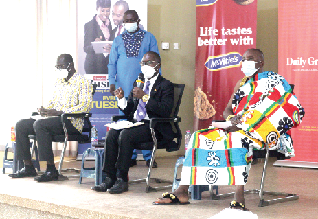 From left : Dr Fred Adomako-Boateng, Bono East Regional Director of Health; Mr George Manu, Bono East Regional Manager of Zoomlion Ghana Limited, and Nana Boasiako Antwi,  Dabehene of the Techiman Traditional Area and Chief of Kenten, all panellists 