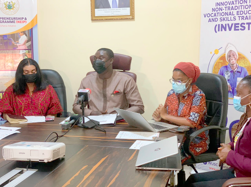 Mr Franklin Owusu-Karikari (middle), Project Director, NEIP, addressing the press conference. With him are Ms Abigail Swad Laryea (left), Deputy CEO, NEIP, and Ms Appiah Boakye (right), Director, INVEST.