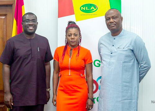 Mr Awuku (left) with Mr Chima Onwuka (right) and Ms Immaculata Mbaso (middle),  Legal Secretary of the Nigeria Licensed Lotto Operators