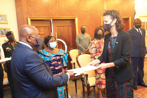 President Akufo-Addo receiving the letters of credence from Ms Harriet Thompson (right), British High Commissioner to Ghana. Pictures: SAMUEL TEI ADANO