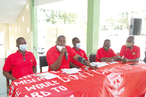 Mr Sam Nat Kevor (2nd left), Divisional Union Chairman, Public Sector Workers Union,  addressing the press conference. Those with him include Mr Frederick Ofori Nyarko (left), 1st Vice Chairman, Divisional Union, PSWU, Mr Abraham Osekre (middle), Divisional 1st Trustee, Mr King Freeman (2nd right), Assistant Secretary, and Mr Georges Agondo (right), Divisional 2nd Trustee. Picture: NII MARTEY M. BOTCHWAY