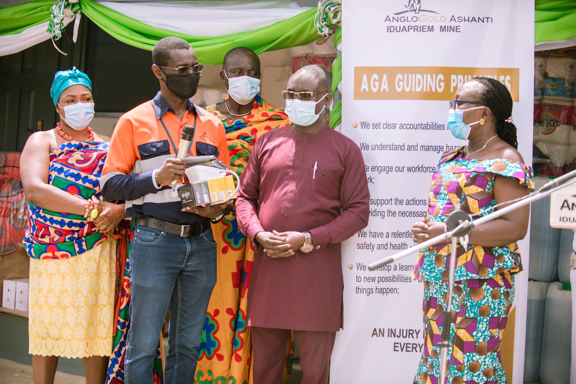Samuel Boakye Pobee (2nd left) presenting the medical supplies to Mr Benjamin Kessie, the MCE, Tarkwa Nsuaem and Mrs Carolina Effah Otoo (right), the Municipal Health Director