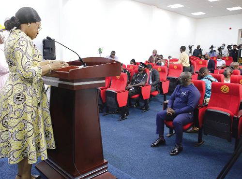  Ms Shirley Ayorkor Botchwey (left), the Minister of Foreign Affairs, speaking at the press conference in Accra. Picture: GABRIEL AHIABOR