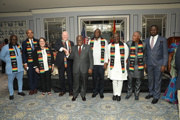 President Nana Akufo-Addo of Ghana shakes hands with Chairman of the Board Daniel Rose. (Left to Right) Akwasi Agyeman, CEO, Ghana Tourism Authority, Board Members Kwame Anthony Appiah, and Deborah Rose, Daniel Rose, H.E. President Nana Akufo- Addo, Hon. Dr. Ibrahim Mohammed Awal, Minister of Tourism, Arts and Culture, Hon. Ken Ofori-Atta, Minister of Finance, Japhet Aryiku, Executive Director, W.E.B. Du Boiis Museum Foundation, Humphrey Ayim Darke, Board Member, W.E.B. Du Boiis Museum Foundation, Ghana.