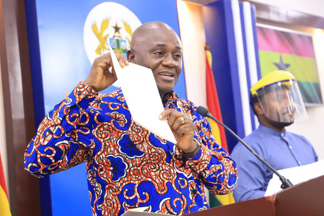 Mr Dan Botwe, Minister for Local Government, Decentralisation and Rural Development, displaying a copy of the MMDCE nominees signed by the President at the Conference Room of the Ministry of Information. Picture: Samuel Tei Adano