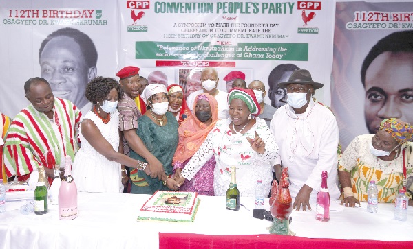 Nana Akosua Sarpong Kumankumah (3rd right), CPP Chairperson, joined by Nana Yaa Jantuah (4th left), CPP General Secretary; Madam Sherry Ayitey (2nd left), Mr Bernard Mornah (3rd left) and other dignitaries to cut the anniversary cake. Picture: NII MARTEY M. BOTCHWAY