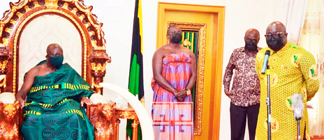 Mr Mike Oquaye Jr (right), CEO of the Ghana Free Zones Authority, speaking during a call on the Asantehene, Otumfuo Osei Tutu II