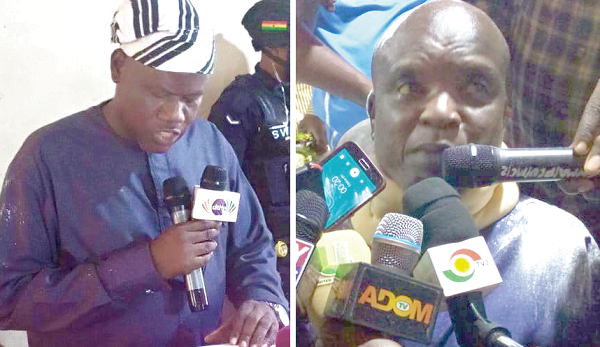 Mr Abdulai Yakubu — MCE for Nanumba North and Mr Evans Kusi Boadum, MCE for Sunyani West, addressing the media after his confirmation