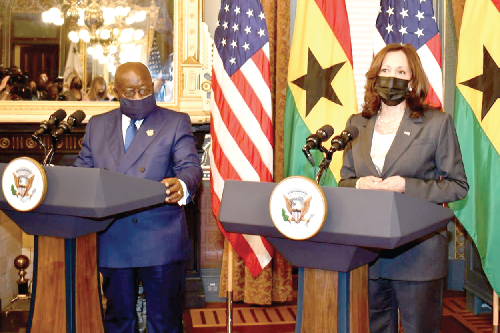 President Akufo-Addo and US Vice President Kamala Harris at a press conference at the White House, Washington DC