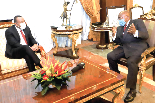 President Akufo-Addo in a discussion with Mr Abiy Ahmed, the Prime Minister of Ethiopia, at the Jubilee House. Picture: SAMUEL TEI ADANO