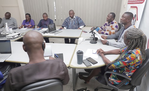 Ernest Amoabeng (2nd from right), President, Ghana HIV-AIDS Network, addressing a press conference in Accra. With him are Elsie Aryeh (right), President, Network of Persons with HIV-AIDS, and other officials. Picture: SAMUEL TEI ADANO