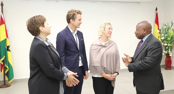 Kwaku Agyeman-Manu (right), Minister of Health, interacting with Kyrre Holm (2nd from left), Deputy Head of Mission of the Norwegian Embassy, Beth Cadman (2nd from right), Development Director of the Foreign Commonwealth and Development Office of Ghana, and Nicole Guihot (left), Deputy Australian High Commissioner to Ghana, after the launch in Accra. Picture: GABRIEL AHIABOR
