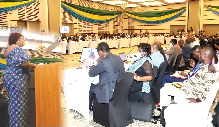  Mavis Hawa Koomson (left), Minister of Fisheries and Aquaculture Development, addressing the OACPS Ministers conference in Accra. Picture: GABRIEL AHIABOR