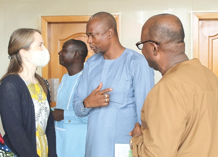 Alhaji Mohammed Hardi Tuferu (middle), Deputy Minister, Ministry of Food and Agriculture (MoFA),  having a discussion with  Candace Holt (left), Agricultural Sector Lead of the Canadian High Commission. With them is  Paul Siameh (right), Director of Agricultural Extension Services (DAES-MoFA). Picture: ESTHER ADJORKOR ADJEI