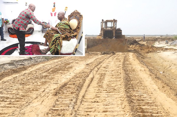 An excavator working at the resettlement site at Salakofe. Inset: Dr Archibald Letsa exchanging greetings with Togbi Sri iii, Awoamefia of the Anlo Traditional Area