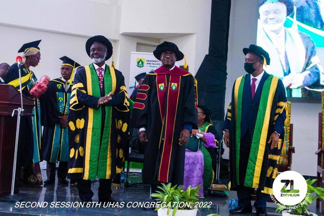 Dr. Siaw Agyepong (middle) after he was decorated with the honours on Saturday by Justice Victor J.M. Dotse, Chairman of the Council of UHAS and Professor John Owusu Gyapong, Vice Chancellor of UHAS,