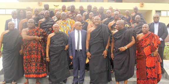  Ogyeahohuo Gyebi ll (3rd from left), Dr Ato Arthur (middle) and Odeefou Amoakwa Buadu (3rd from right) together with other members of the Central Regional House of Chiefs