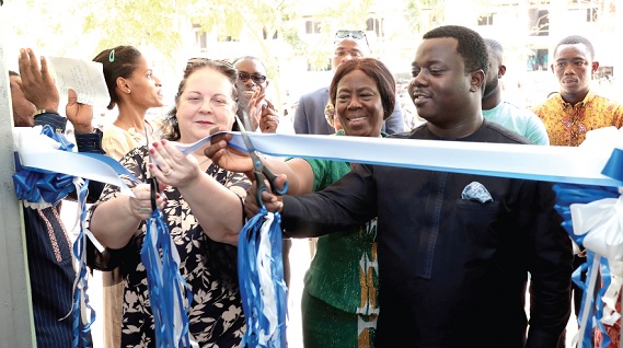 Rev John Ntim Fordjour (right), Deputy Minister of Education, and Shlomit Sufa, Israeli Ambassador to Ghana, Liberia and Sierra Leone, jointly cutting the tape to inaugurate the facility. Pictures: Maxwell Ocloo