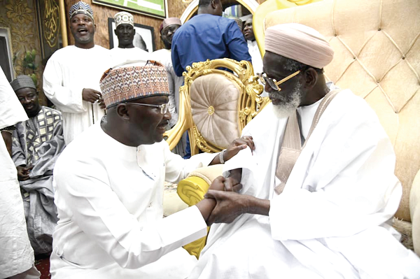   Vice-President Dr Bawumia (left) exchanging pleasantries with Sheikh Osman Nuhu Sharubutu, the National Chief Imam, at Fadama in Accra