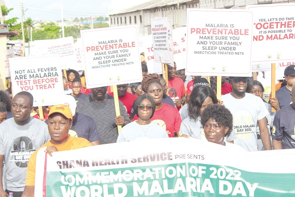 Officials of the Ghana Health Service and other workers on a health walk to mark World Malaria Day. Picture: ERNEST KODZI