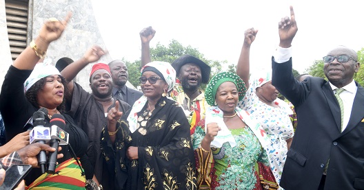 Nana Yaa Akyempim Jantuah (left), the General Secretary of the CPP, and some executive and members of the party singing to commemorate the 50th anniversary of the death of Dr Kwame Nkrumah, Founder of the party and Ghana’s First President.