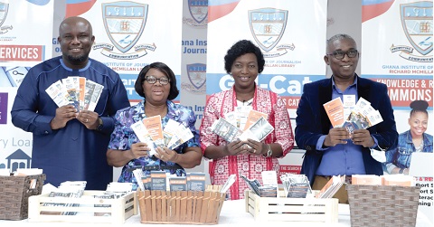 Prof. Eric Opoku Mensah (left), Deputy Rector of the GIJ; Prof. Perpetua S. Dadzie (2nd from left), former Chief Librarian, University of Ghana, Legon; Lydia Nyantakyi- Baah (2nd from right), Librarian, GIJ, and Kodjo Antwi (right), Vice-President, GLA, launching the new services of the GIJ Library. Picture: EDNA SALVO-KOTEY
