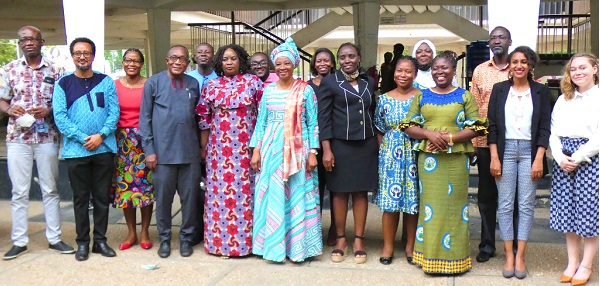  Hermine Kembo Takam (arrowed), ACERWC Country Rapporteur for Ghana, with some of the participants after the conference. Among them is Dr Afisah Zakariah (5th from left), Chief Director, Ministy of Gender, Children and Social Protection. Picture: ELVIS NII NOI DOWUONA