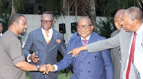Dr Vladimir Antwi Danso (left), Dean, Ghana Armed Forces Command and Staff College, exchanging pleasantries with Prof Mike Oquaye (middle), a former Speaker of Parliament. With them are Justice Yonny Kulendi (2nd from left), a Supreme Court judge; Mr Sam Okudzeto (2nd from right), a member of the Council of State, and Dr Charles Mensa (right), Board Chairman, IEA. Picture: ERNEST KODZI