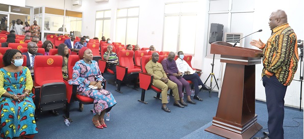 Mr Joseph Cudjoe (right), Minister of Public Enterprises, addressing the meet-the-press session in Accra. Picture: GABRIEL AHIABOR