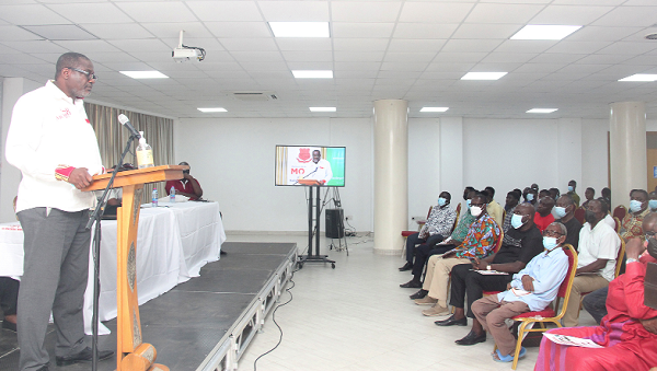  Professor Philip Bondzi-Simpon (left), immediate past rector, GIMPA, addressing  members of the Mfantsipim Old Boys Association at the 7th annual national conference. Picture: BENEDICT OBUOBI
