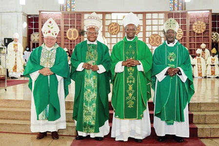 From left to right: Most Rev Henryk. M. Jagodzinski, the Nuncio to Ghana; His Eminence Fridolin Cardinal Ambongo Besungu of Kinshasa, First Vice-President of SECAM; His Eminence Richard Cardinal Kuuia Baawobr, President of SECAM, and Most Rev. Lucio Andrice Muandula of the Diocese of Xai-Xai, Mozambique, Second Vice-President of SECAM