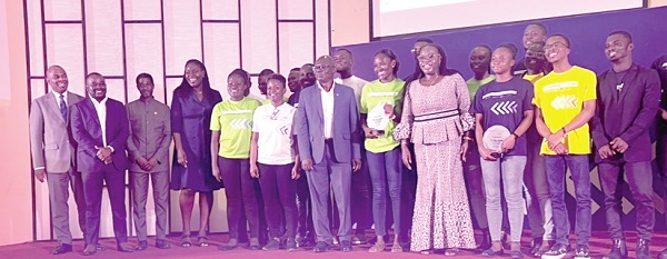 Prof. Nana Aba Appiah Amfo (4th from right), the Vice-Chancellor of the University of Ghana, in a pose with the team members of the six concepts selected as finalists