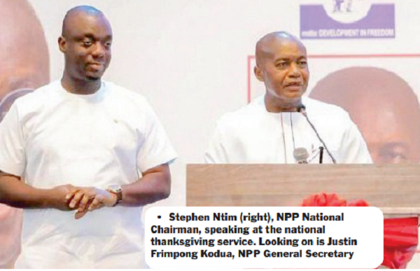 Stephen Ntim (right), NPP National Chairman, speaking at the national thanksgiving service. Looking on is Justin Frimpong Kodua, NPP General Secretary