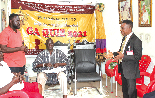  Emmanuel Arthur (right) , Corporate Communications Manager, Graphic Communications Group, addressing Nii Tetteh Adjabeng II, Adabraka Atukpai Mantse and elders. Picture: ERNEST KODZI
