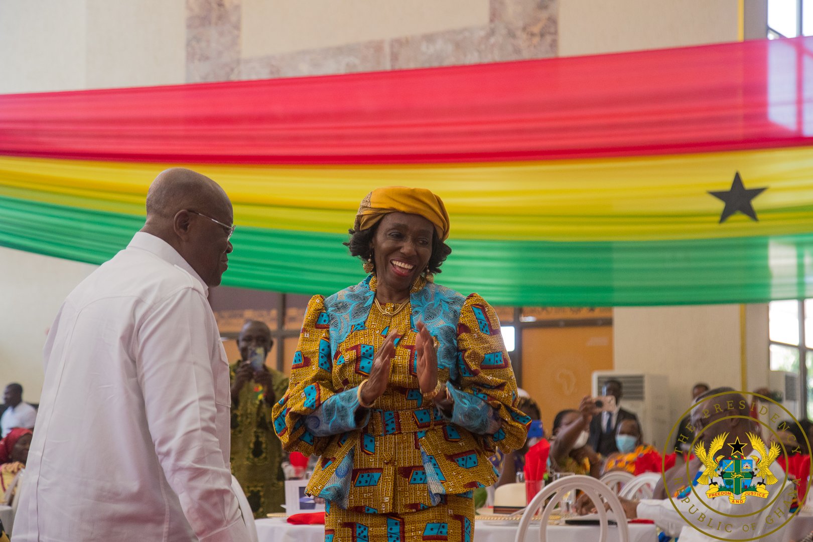 President Akufo-Addo and former First Lady, Nana Konadu Agyemang Rawlings, dancing at the Founders’ Day celebration. Picture: Samuel Tei Adano