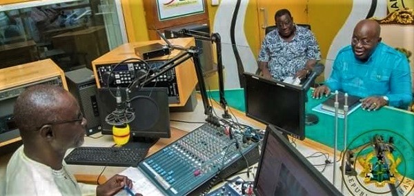 President Akufo-Addo (right) being interviewed by Osman Muntawakilu (left) of GBC URA Radio