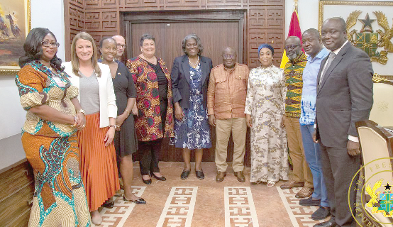 President Akufo-Addo (5th from right) with  Linda Thomas-Greenfield (6th from left), the US Ambassador to the UN; Shirley Ayorkor Botchway (4th from right), the Minister of Foreign Affairs, and some members of the envoy’s entourage and government officials