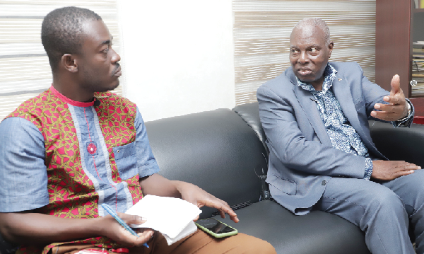 Dr Barfuor Adjei-Barwuah (right), a former Ambassador to the United States of America and Japan, being interviewed by Ebo Hawkson, reporter, Daily Graphic, at the Head Office of the GCGL. Picture: SAMUEL TEI ADANO