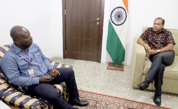 Donald Ato Dapaatem (left), Staff Writer of the Daily Graphic, interviewing  Sugandh Rajaram, Indian High Commissioner to Ghana. Picture: GABRIEL AHIABOR