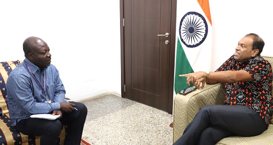 Donald Ato Dapatem (left), Staff Writer of the Daily Graphic, interviewing  Sugandh Rajaram (right), Indian High Commissioner to Ghana.