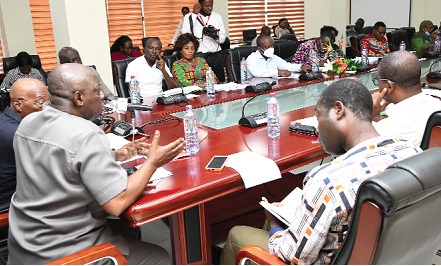 Frank Agyekum (left), Executive Secretary of the Ghana International Trade Commission (GITC), addressing a consultative meeting with stakeholders in the poultry industry on alleged dumping of poultry products in Ghana. Picture: EBOW HANSON