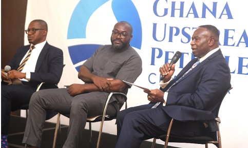 Joe Mensah (right), Senior Vice-President of Kosmos Energy and Chairman of the Ghana Upstream Petroleum Chamber, making a contribution at the launch. With him are Opoku Ahweneeh Danquah (middle), CEO of GNPC, and Baluri Kassim Bukari, External Relations Manager of ENI Ghana