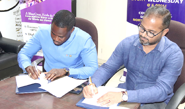 Dean Selorm  Senchim (left), Rotary President, Accra Industrial Area signing the memorandum of understanding with Dr Sujith Jayaprakash (right), Rector, BlueCrest University College. Picture: ELVIS NII NOI DOWUONA